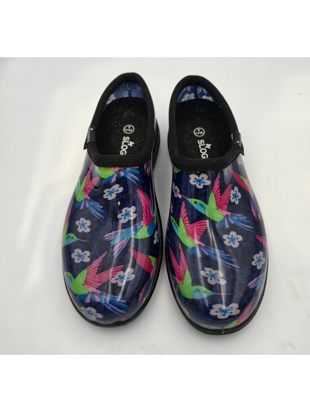EUC Womens Sloggers Size 8 Waterproof Hummingbirds Green Purple Pink Slip Ons